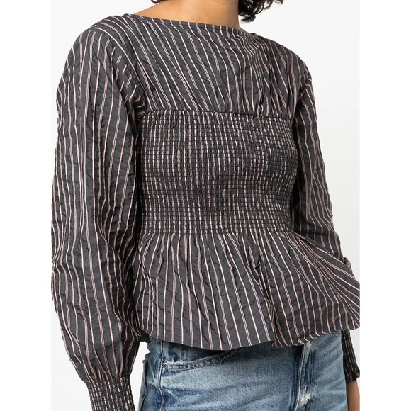 NEW Cinq à Sept Houston Striped Smocked Peplum Top *Graphite/Dark Salmon* Sz L - Picture 5 of 16